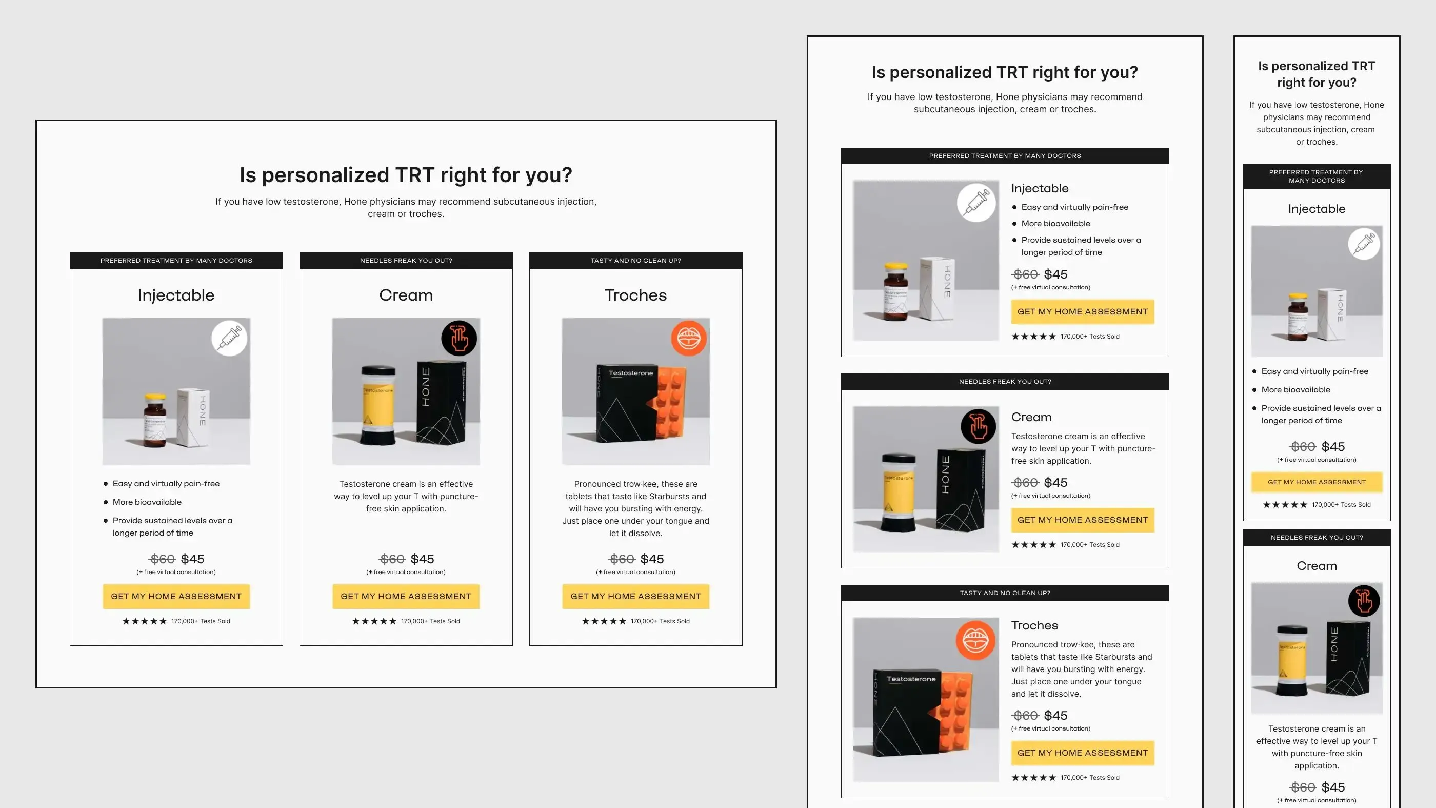 Product selector section in desktop, tablet, and mobile view