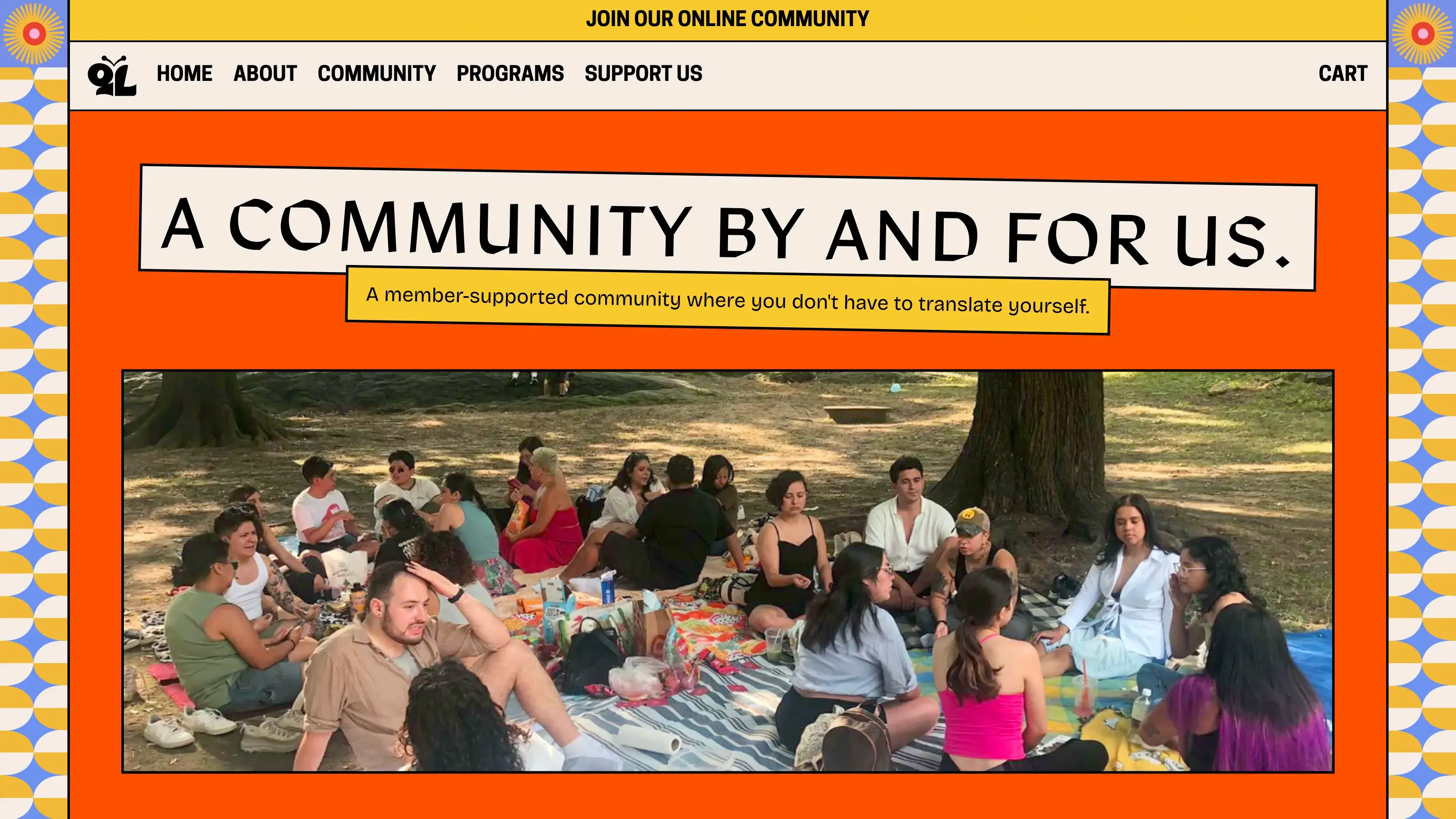 Queer Latines community gathering at a pakr with caption 'Community for & by us'